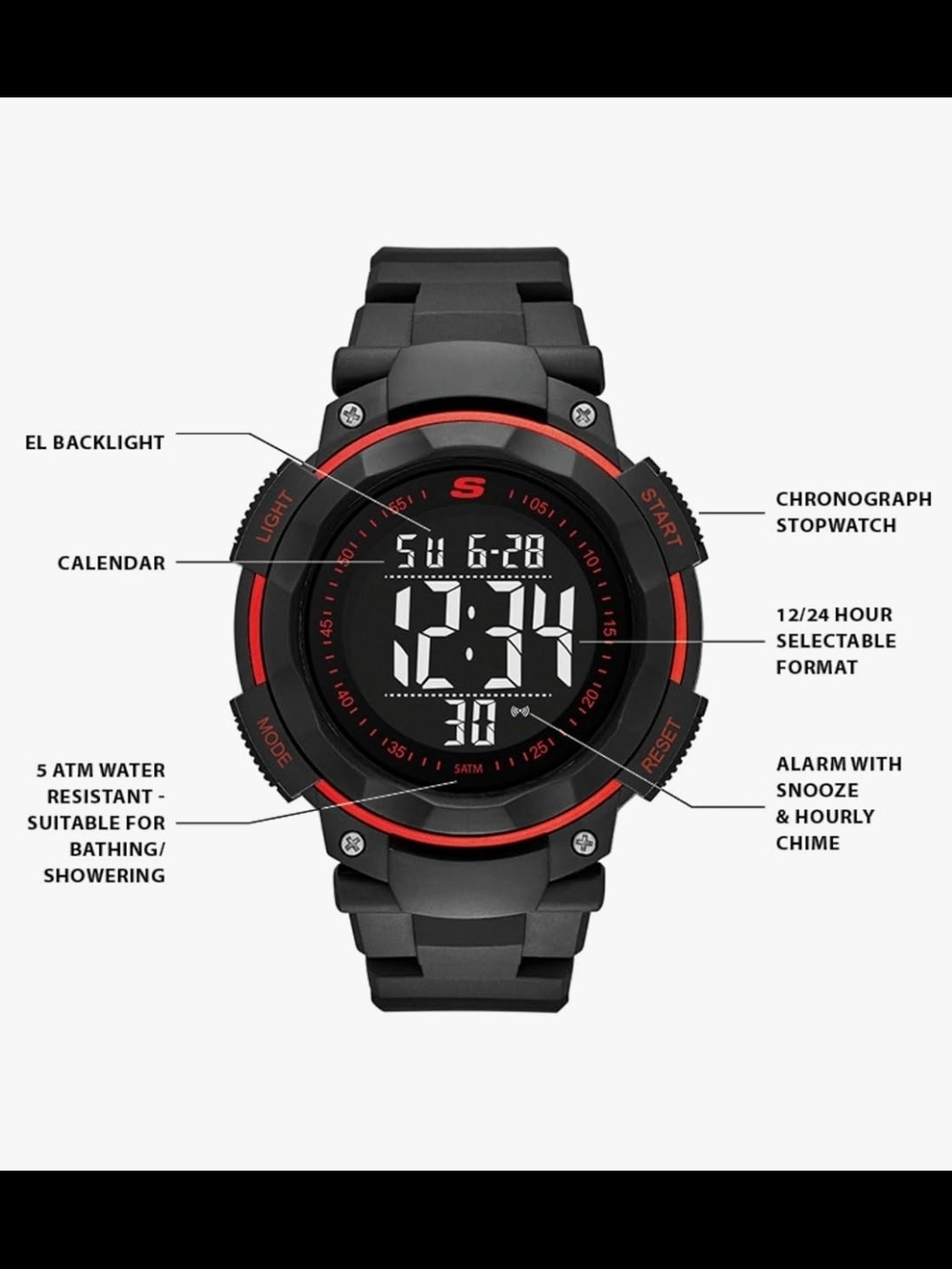 Skechers Black Digital Watch with Red Accent